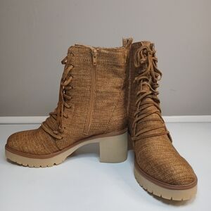 MiiM Tan Tweed Lace-Up Women's Combat Boots Side Zip NWOT